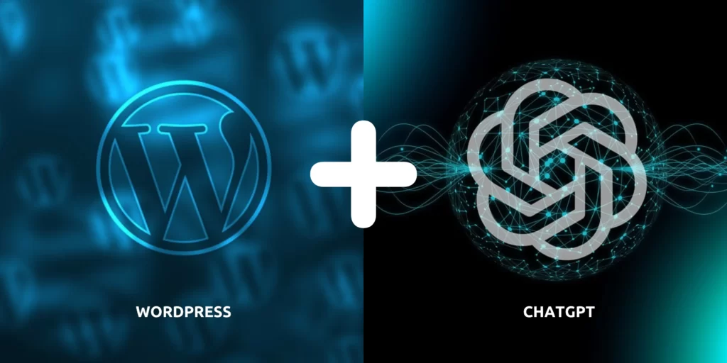 WordPress logo and chatgpt logo with a plus sign showing implementation of chatbots on WordPress website.